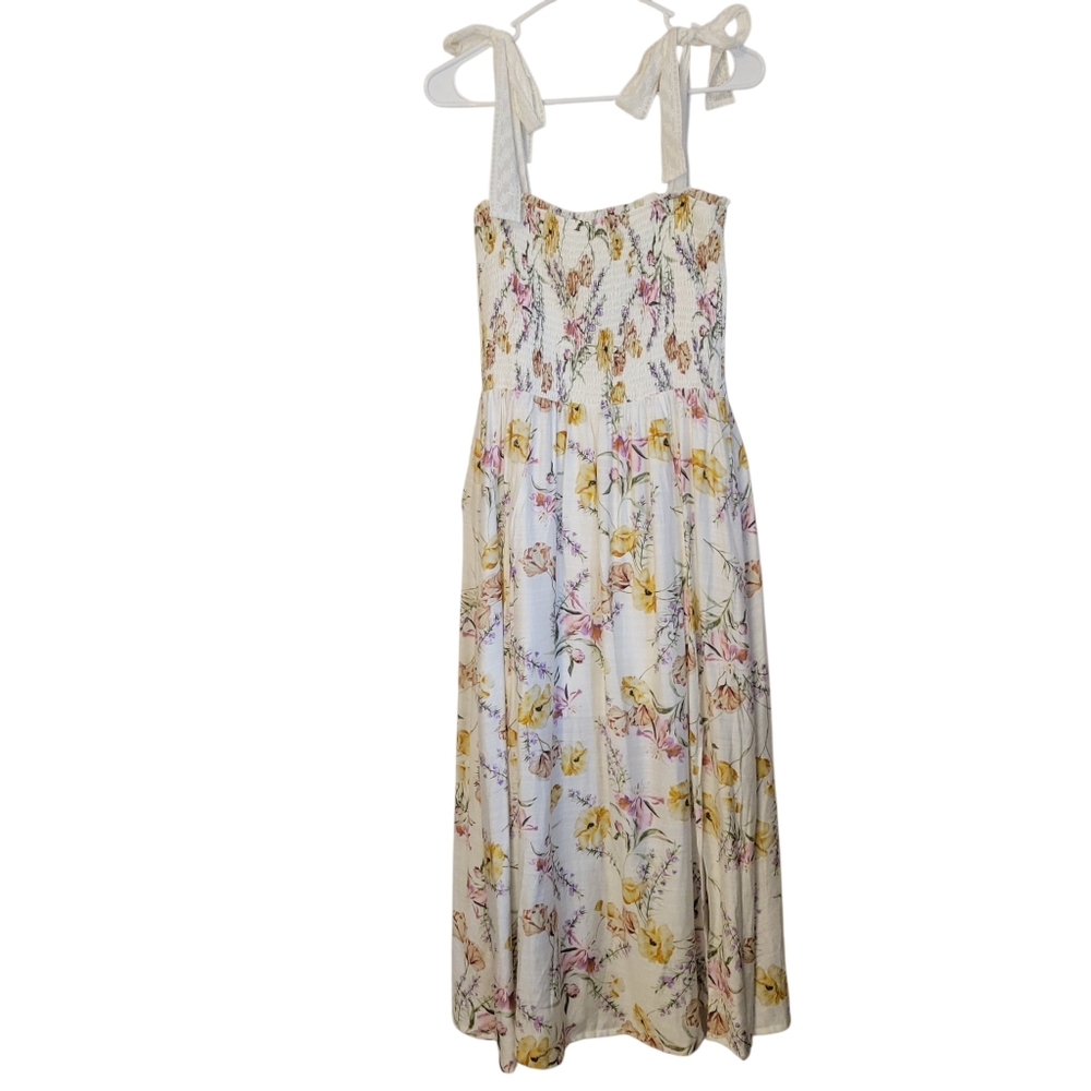 Fanco Floral Smocked Midi Dress Large Cottagecore Tie Shoulder Sundress Romantic - Picture 8 of 11